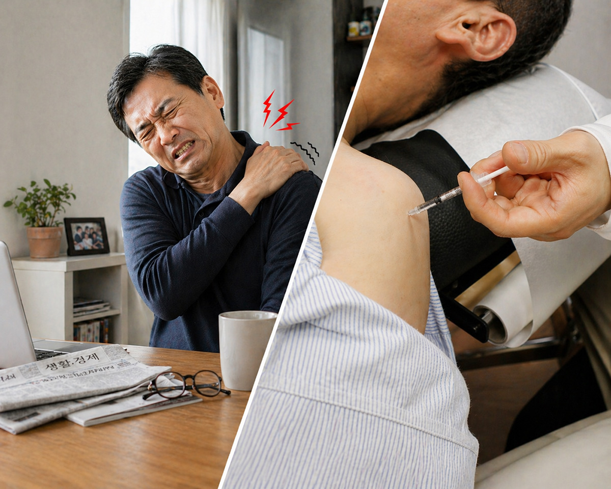 어깨 통증을 호소하는 오십견 환자가 약침치료를 받고 있는 모습 [출처: Chat GPT(왼쪽), 자생한방병원] | 자생한방병원・자생의료재단