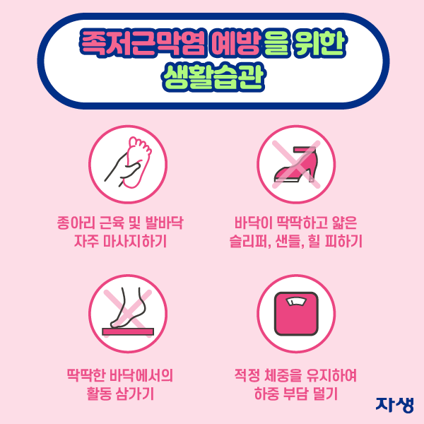 족저근막염 예방을 위한 생활습과 ·종아리 근육 및 발바닥 자주 마사지하기 ·바닥이 딱딱하고 얇은 슬리퍼, 샌들, 힐 피하기 ·딱딱한 바닥에서의 활동 삼가기 ·적정 체중을 유지하여 하중 부담 덜기  | 자생한방병원·자생의료재단