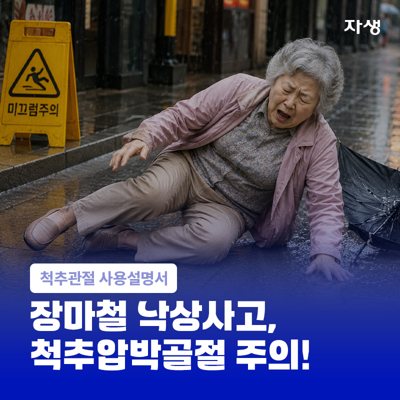 장마철 젖은 바닥에서 미끄러진 노인의 모습