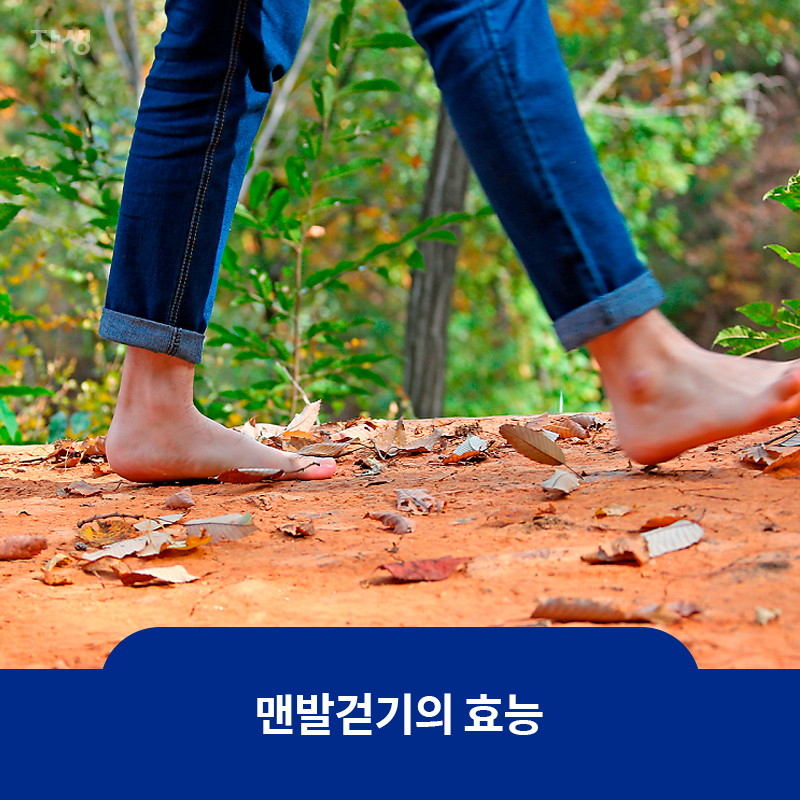숲 속에서 흙을 밟으며 맨발로 걷고 있는 모습