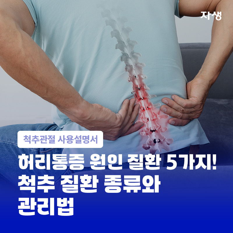 허리 통증으로 허리를 잡고 있는 사람과 척추 통증 부위를 강조한 이미지