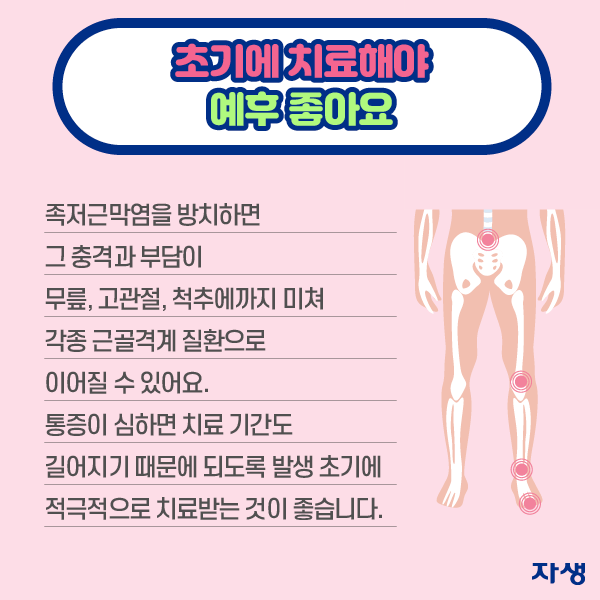 초기에 치료해야 예후 좋아요. 족저근막염을 방치하면 그 충격과 부담이 무릎, 고관절, 척추에까지 미쳐 각종 근골격계 질환으로 이어질 수 있어요. 통증이 심하면 치료 기간도 길어지기 때문에 되도록 발생 초기에 적극적으로 치료받는 것이 좋습니다.  | 자생한방병원·자생의료재단