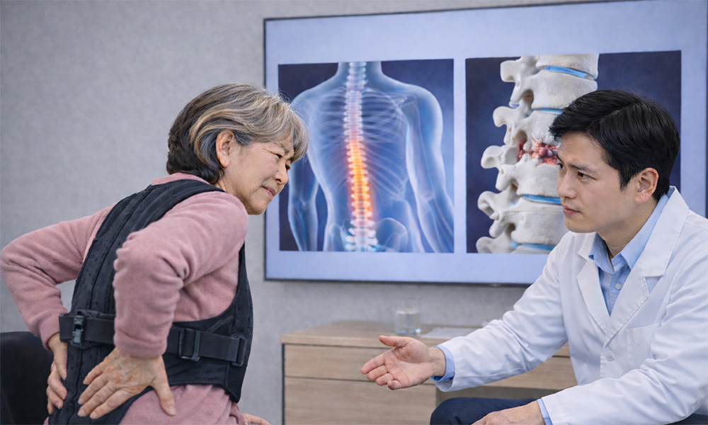 척추 압박골절 환자가 허리 보조기를 차고 의료진에게 설명을 듣고 있다 (출처: Chat GPT) | 자생한방병원・자생의료재단