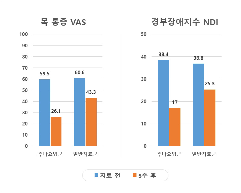 추나요법과 일반치료를 받은 목 통증 환자들의 통증지표(VAS)와 기능장애(NDI) 지수 | 자생한방병원·자생의료재단