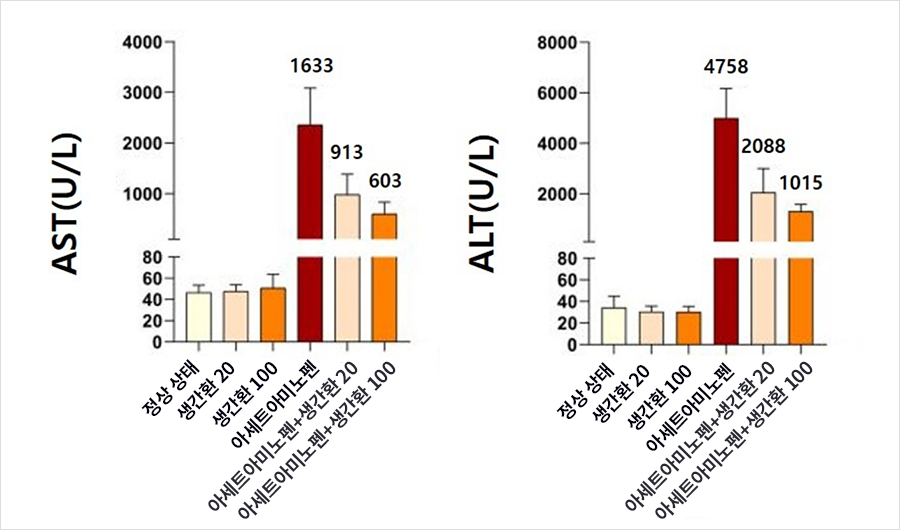 대조군의 간 수치(AST·ALT)는 급증한 반면 생간환 투여군의 간 수치는 농도의존적으로 감소했다. | 자생한방병원・자생의료재단 