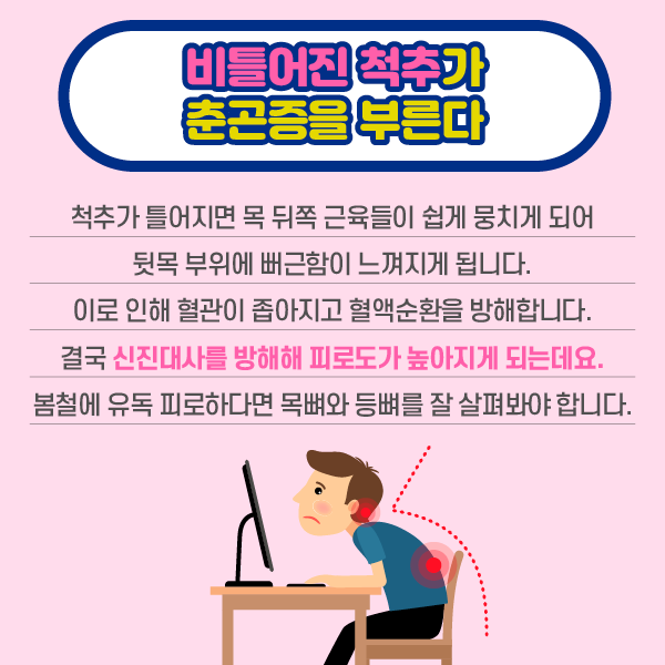 참고 이미지 : 비틀어진 척추가 춘곤증을 부른다 | 척추가 틀어지면 목 뒤쪽 근육들이 쉽게 뭉치게 되어 뒷목 부윙에 뻐근함이 느껴지게 됩니다. 이로 인해 혈관이 좁아지고 혈액순환을 방해합니다. 결국 신진대사를 방해해 피로도가 높아지게 되는데요. 봄철에 유독 피로하다면 목뼈와 등뼈를 잘 살펴봐여 합니다. | 자생한방병원·자생의료재단