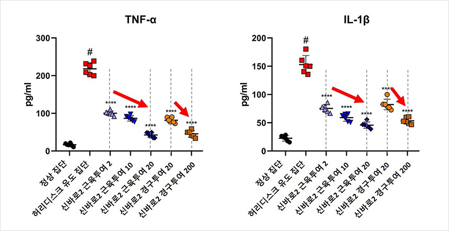 신바로2 약침액 농도가 높아질수록 TNF-α와 IL-1β의 발현량이 유의미하게 감소했다 | 자생한방병원・자생의료재단