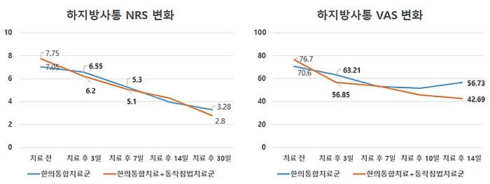 한의통합치료와 동작침법을 받은 환자군의 하지방사통이 이른 시점(3일차)에 개선됐다. | 자생한방병원·자생의료재단