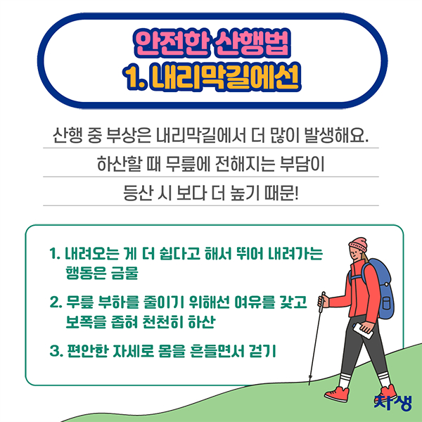 안전한 산행법 1 내리막길에선 - 산행 중 부상은 내리막길에서 더 많이 발생해요. 하산할 떄 무릎에 전해지는 부담이 등산 시 보다 더 높기 때문! ①내려오는 게 더 쉽다고 해서 뛰어 내려가는 행동은 금물 ②무릎 부하를 줄이기 위해선 여유를 갖고 보폭을 좁혀 천천히 하산 ③편안한 자세로 몸을 흔들면서 걷기 | 자생한방병원·자생의료재단 