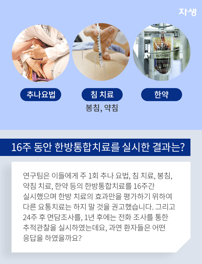 16주 동안 한방통합치료를 실시간 결과는?-연구팀은 이들에게 주1회 추나요법, 침 치료, 봉침, 약침 치료, 한약 등의 한방통합치료를 16주간 실시했으며 한방치료의 효과만을 평하기 위하여 다른 요통치료는 하지 말 것을 권고했습니다. 그리고 24주 후 면담조사를, 1년 후에는 전화 조사를 통한 추적관찰을 실시하였는데요, 과연 환자들은 어떤 응답을 하였을까요?