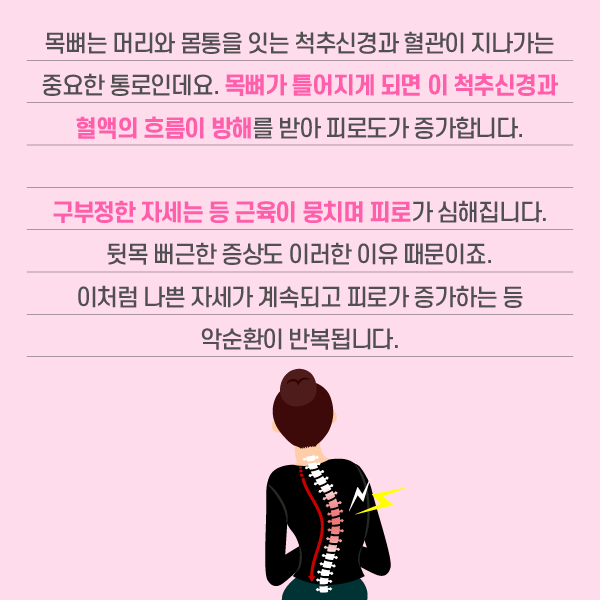 참고 이미지 : 목뼈는 머리와 몸통을 잇는 척추신경과 혈관이 지나가는 중요한 통로인데요. 목뼈가 틀어지게 되면 이 척추신경과 혈액의 흐름이 방해를 받아 피로도가 증가합니다. 구부정한 자세는 등 근육이 뭉치며 피로가 심해집니다. 뒷목 뻐근한 증상도 이러한 이유 때문이죠. 이처럼 나쁜 자세가 계속되고 피로가 증가하는 등 악순환이 반복됩니다. | 자생한방병원·자생의료재단