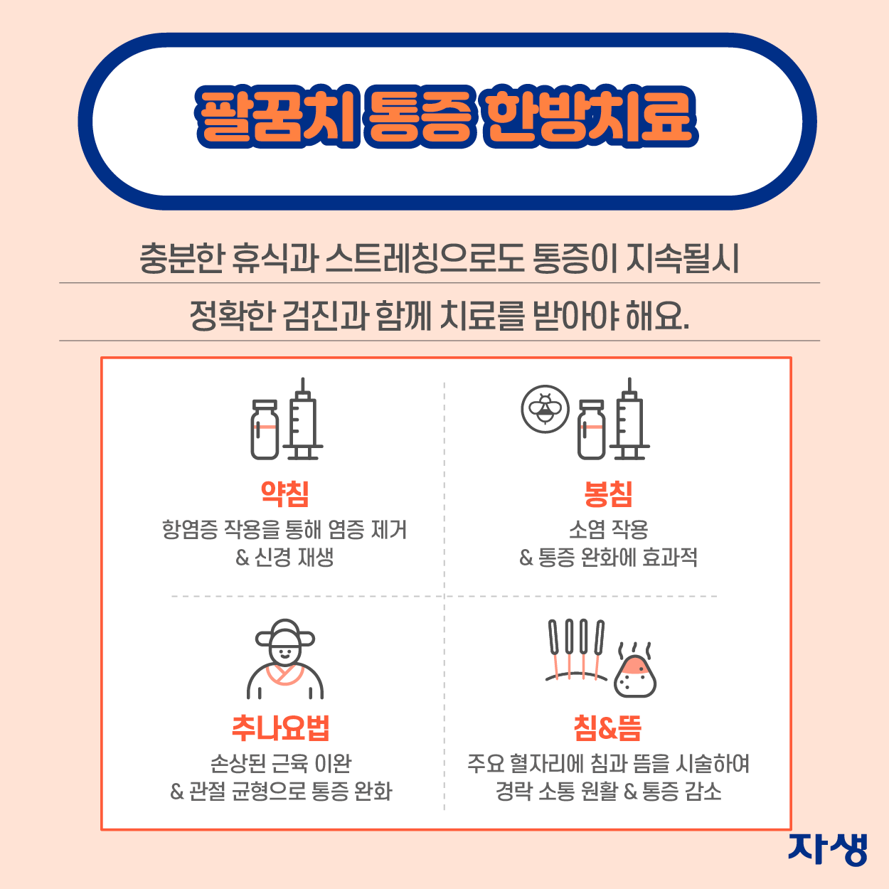 팔꿈치 통증 한방치료 충분한 휴식과 스트레칭으로도 통증이 지속될시 정확한 검진과 함께 치료를 받아야 해요. ·약침: 항염증 작용을 통해 염증 제거&신경 재생 ·봉침: 소염 작용 통증 완화에 효과적 ·추나요법: 손상된 근육 이완&관절 균형으로 통증 완화 ·침&뜸: 주요 혈자리에 침과 뜸을 시술하여 경락 소통 원활&통증 감소  | 자생한방병원·자생의료재단