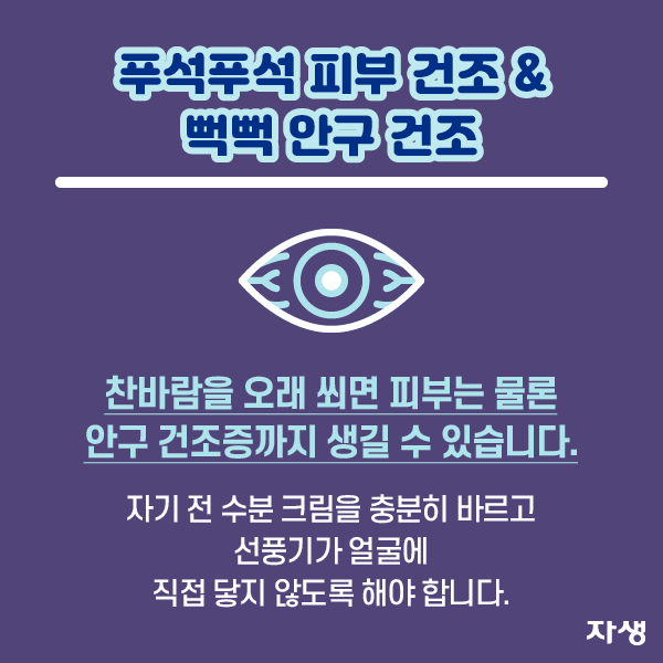 푸석푸석 피부 건조&뻑뻑 안구 건조 찬바람을 오래 쐬면 피부는 물론 안구 건조증까지 생길 수 있습니다. 자기 전 수분 크림을 충분히 바르고 선풍기가 얼굴에 직접 닿지 않도록 해야 합니다. | 자생한방병원·자생의료재단