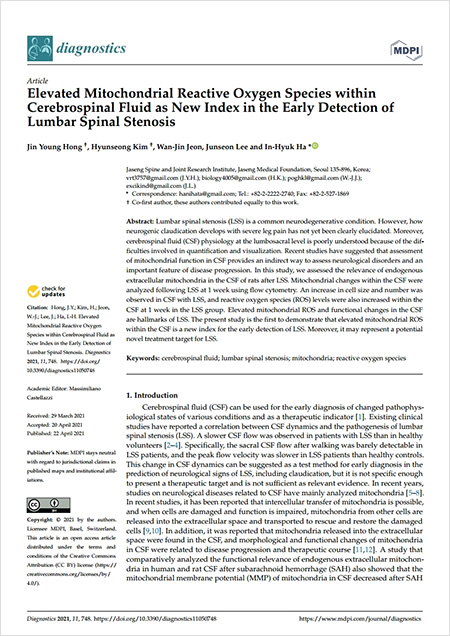 ‘Diagnostics’ 2021년 4월호에 게재된 해당 연구 논문 「Elevated Mitochondrial Reactive Oxygen Species within Cerebrospinal Fluid as New Index in the Early Detection of Lumbar Spinal Stenosis」 | 자생한방병원·자생의료재단