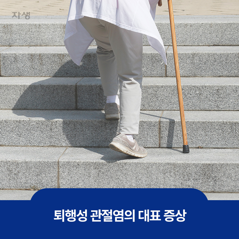 퇴행성 관절염의 대표 증상인 계단 걷기를 힘겹게 오르는 이미지