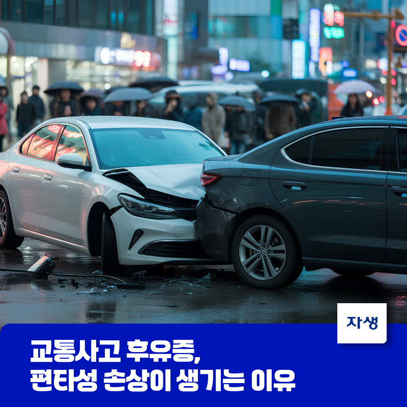 교통사고후유증 증상 중 하나인 편타성 손상이 생기는 이유를 설명하기 위해 두 대의 차량이 앞뒤로 충돌한 모습
