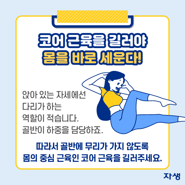 코어 근욱을 길러야 몸을 바로 세운다! 앉아 있는 자세에선 다리가 하는 역할이 적습니다. 골반이 하중을 담당하죠. 따라서 골반에 무리가 가지 않도록 몸의 중심 근육인 코어 근육을 길러주세요. | 자생한방병원·자생의료재단