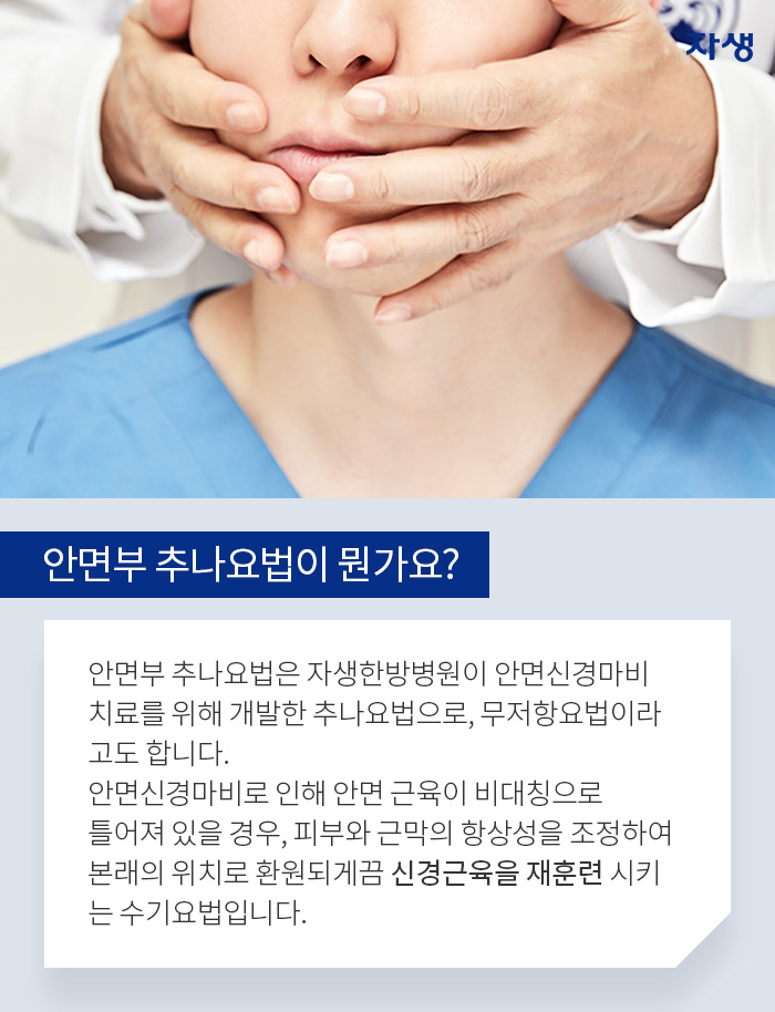 안면부 추나요법이 뭔가요? 안면부 추나요법은 자생한방병원이 안면신경마비 치료를 위해 개발한 추나요법으로, 무저항요법이라고도 합니다. 안면신경마비로 인해 안면 근육이 비대칭으로 틀어져 있을 경우, 피부와 근막의 항상성을 조정하여 본래의 위치로 환원되게끔 신경근육을 재훈련 시키는 수기요법입니다.