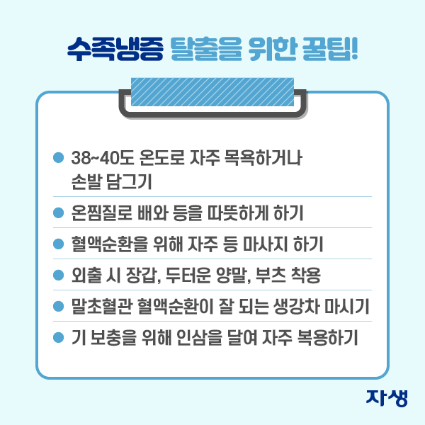 수족냉증 탈출을 위한 꿀팁! ·38~40도 온도로 자주 목욕하거나 손발 다금기 ·온찜질로 배와 등을 따뜻하게 하기 ·혈액순환을 위해 자주 등 마사지 하기 ·외출 시 장갑, 두터운 양말, 부츠 착용 ·말초혈관 혈액순환이 잘 되는 생강차 마시기 ·기 보충을 위해 인삼을 달여 자주 복용하기 | 자생한방병원·자생의료재단