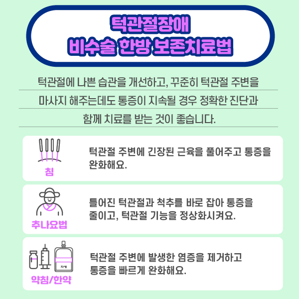 타이틀 이미지 : 턱관절장애 비수술 한방 보존치료법
    턱관절에 나쁜 습관을 개선하고, 꾸준히 턱관절 주변을 마사지 해주는데도 통증이 지속될 경우 정확한 진단과 함께 치료를 받는 것이 좋습니다.
    침-턱관절 주변에 긴장된 근육을 풀어주고 통증을 완화해요.
    추나요법 - 틀어진 턱관절과 척추를 바로 잡아 통증을 줄이고, 턱관절 기능을 정상화시켜요.
    약침/한약 - 턱관절 주변에 발생한 염증을 제거하고 통증을 빠르게 완화해요| 자생한방병원·자생의료재단