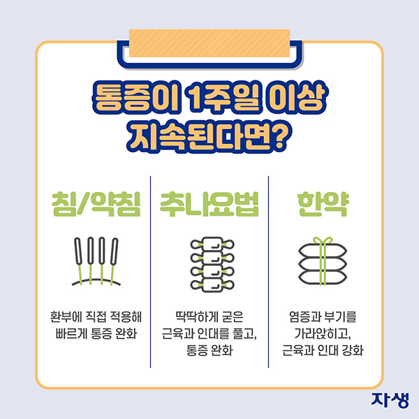 통증이 1주일 이상 지속된다면? 침/약침: 환부에 직접 적용해 빠르게 통증 완화 / 추나요법: 딱딱하게 굳은 근육과 인대를 풀고, 통증 완화 / 한약: 염증과 부기를 가라앉히고, 근육과 인대 강화 | 자생한방병원·자생의료재단