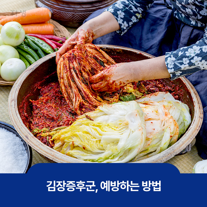 자리에 쪼그리고 앉아 절인 배추에 양념을 버무리고 있는 김장 이미지