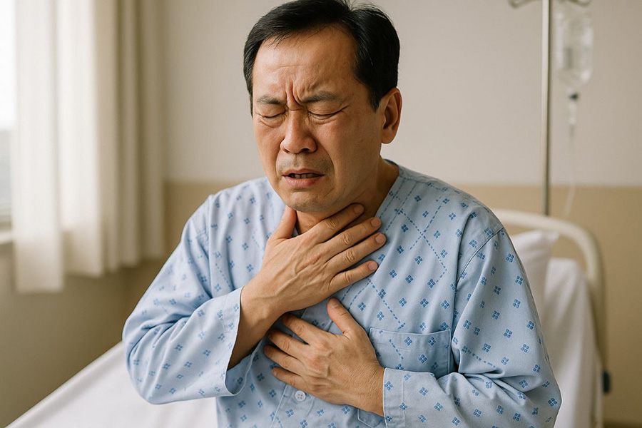 흉부암 치료 과정에서 방사선 식도염이 발생한 환자가 통증을 호소하고 있다. (챗GPT 생성) | 자생한방병원・자생의료재단