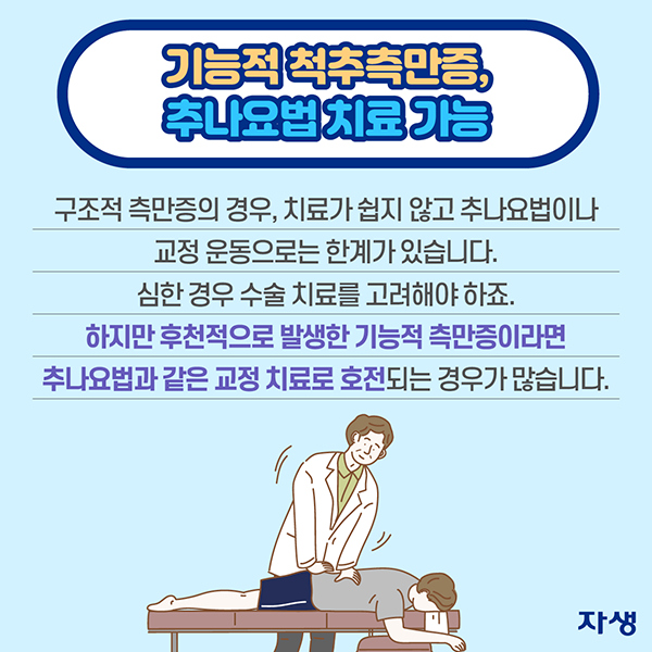 기능적 척추측만증, 추나요법 치료 가능 구조적 측만증의 경우, 치료가 쉽지 않고 추나요법이나 교정 운동으로는 한계가 있습니다. 심한 경우 수술 치료를 고려해야 하죠. 하지만 후천적으로 발생한 기능적 측만증이라면 추나요법과 같은 교정 치료로 호전되는 경우가 많습니다. | 자생한방병원·자생의료재단