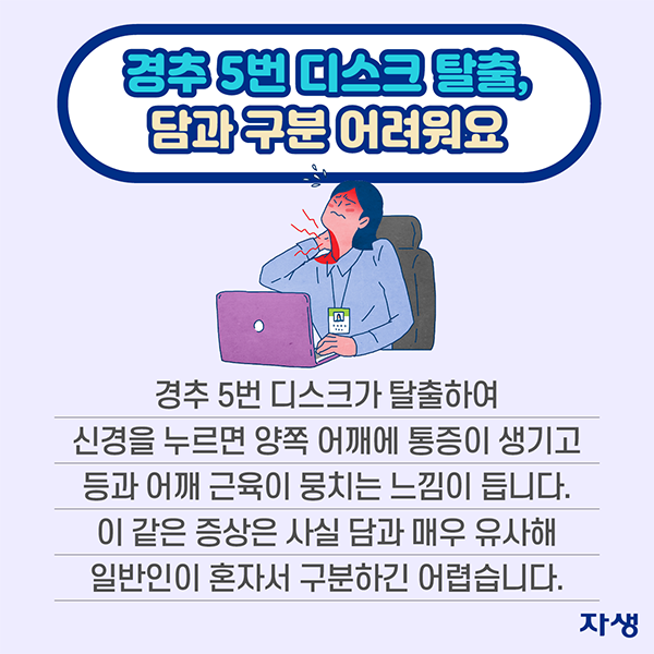 경추 5번 디스크 탈출, 담과 구분 어려워요 - 경추 5번 디스크가 탈출하여 신경을 누르면 양쪽 어깨에 통증이 생기고 등과 어깨 근육이 뭉치는 느낌이 듭니다. 이 같은 증상은 사실 담과 매우 유사해 일반인이 혼자서 구분하긴 어렵습니다. | 자생한방병원·자생의료재단