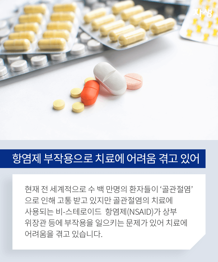 함영제 부작용으로 치료에 어려움 겪고 있어 - 현재 전 세계적으로 수 백 만명의 환자들의 골관절염으로 인해 고통 받고 있지만 골관절염의 치료에 사용되는 비-스테로이드 항염제(NSAID)가 상부위장관 등에 부작용을 일으키는 문제가 있어 치료에 어려움을 겪고 있습니다.