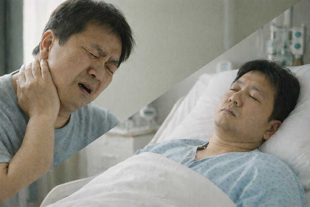 목디스크 통증을 호소하는 환자가 수술 후 휴식을 취하는 모습 (출처: Chat GPT) | 자생한방병원・자생의료재단