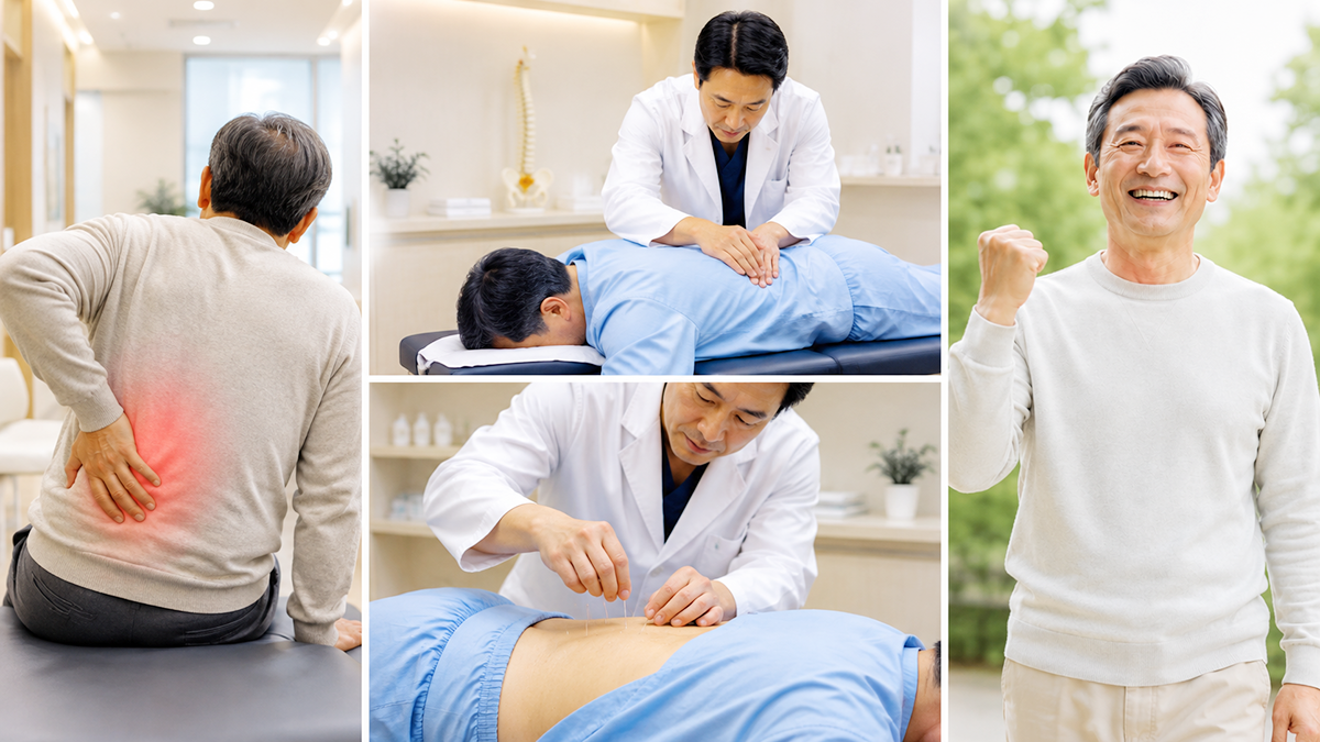 허리디스크 진단 후 초기 한방 비수술 치료를 받은 환자가 완쾌한 모습 (AI 생성 이미지) | 자생한방병원・자생의료재단