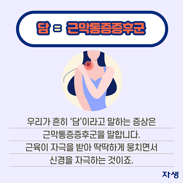 담=근막통증증후군 - 우리가 흔히 '담'이라고 말하는 증상은 근막통증증후군을 말합니다. 근육이 자극을 받아 딱딱하게 뭉치면서 신경을 자극하는 것이죠. | 자생한방병원·자생의료재단