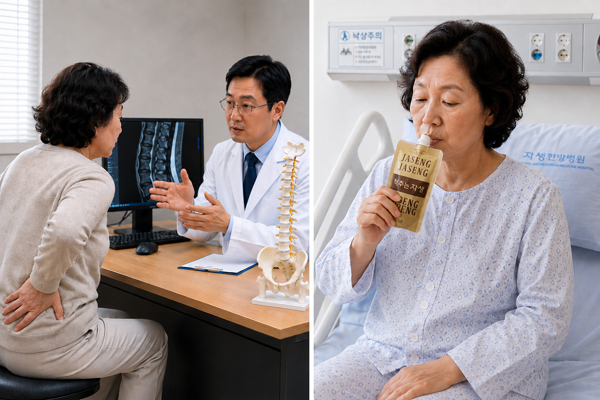 허리디스크를 진단받은 환자가 한약을 복용하고 있는 모습 (출처: Chat GPT) | 자생한방병원・자생의료재단