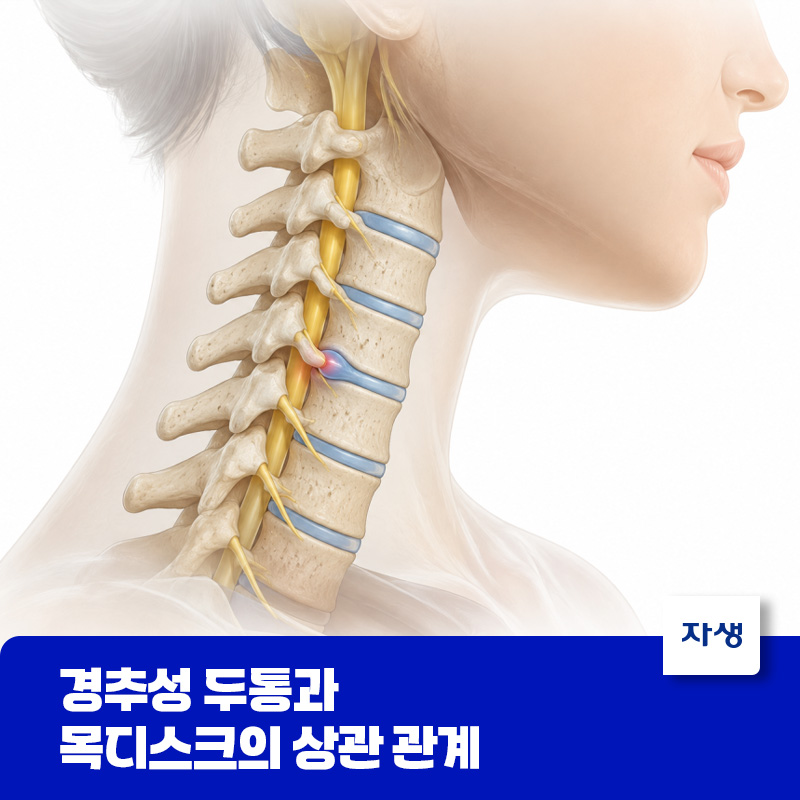 경추성 두통과 목디스크의 상관관계를 표시하기 위한 목 뼈 일러스트 이미지