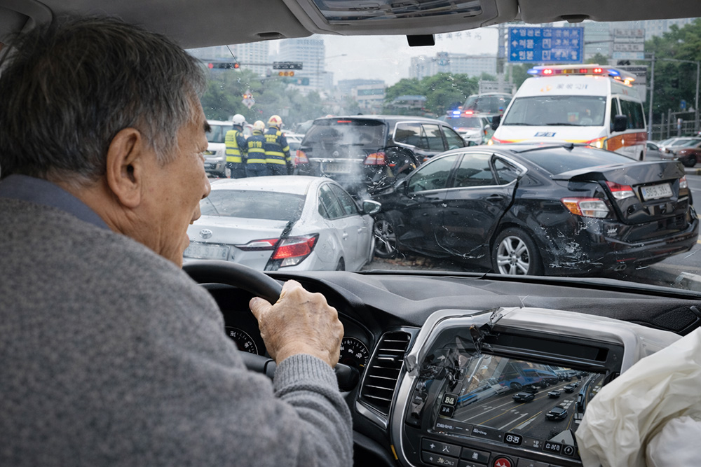 고령운전자가 교통사고를 내고 있는 모습 (출처: Chat GPT) | 자생한방병원・자생의료재단