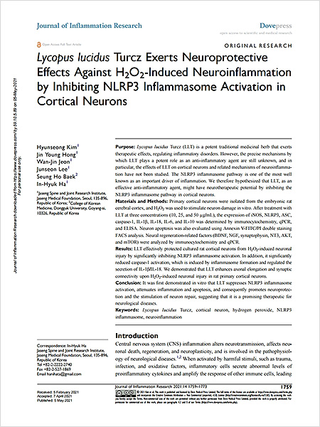 ‘Journal of Inflammation Research’ 2021년 5월호에 게재된 해당 연구 논문
「Lycopus lucidus Turcz exerts neuroprotective effects against H2O2 induced neuroinflammation by inhibiting NLRP3 inflammasome activation in cortical neurons」 | 자생한방병원·자생의료재단