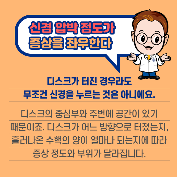 참고 이미지 : 신경 압박 정도가 증상을 좌우한다. 디스크가 터진경우라도 무조건 신경을 누르는 것은 아니에요. 디스크의 중심부와 주변에 공간이 있기 때문이죠. 디스크가 어느 방향으로 터졌는지, 흘러나온 수핵의 양이 얼마나 되는지에 따라 증상 정도와 부위가 달라집니다. | 자생한방병원·자생의료재단