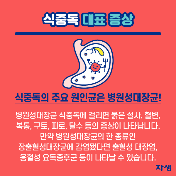 식중독 대표 증상  식중독의 주요 원인균은 병원성대장균!병원성대장균 식중독에 걸리면 묽은 설사, 혈변, 복통, 구토,  피로, 탈수 등의 증상이 나타납니다.   만약 병원성대장균의 한 종류인  장출혈성대장균에 감염됐다면  출혈성 대장염, 용혈성 요독증후군 등이 나타날 수 있습니다.