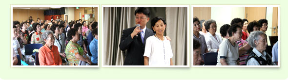 강연을 듣는 어르신들 (좌측), 강연을 하고 있는 김인중 원장 (중간), 강연을 듣는 어르신들2 (우측)