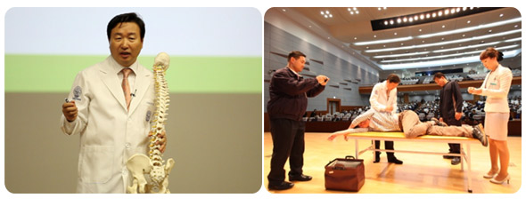척추 모형을 가지고 설명하는 신준식 박사(좌측), 척추 침치료를 실시하는 모습(우측)