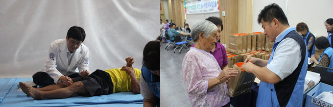 어르신 무릎에 침을 놓고 있는 의료진(좌측) 할머니께 약을 설명해드리는 모습(우측)